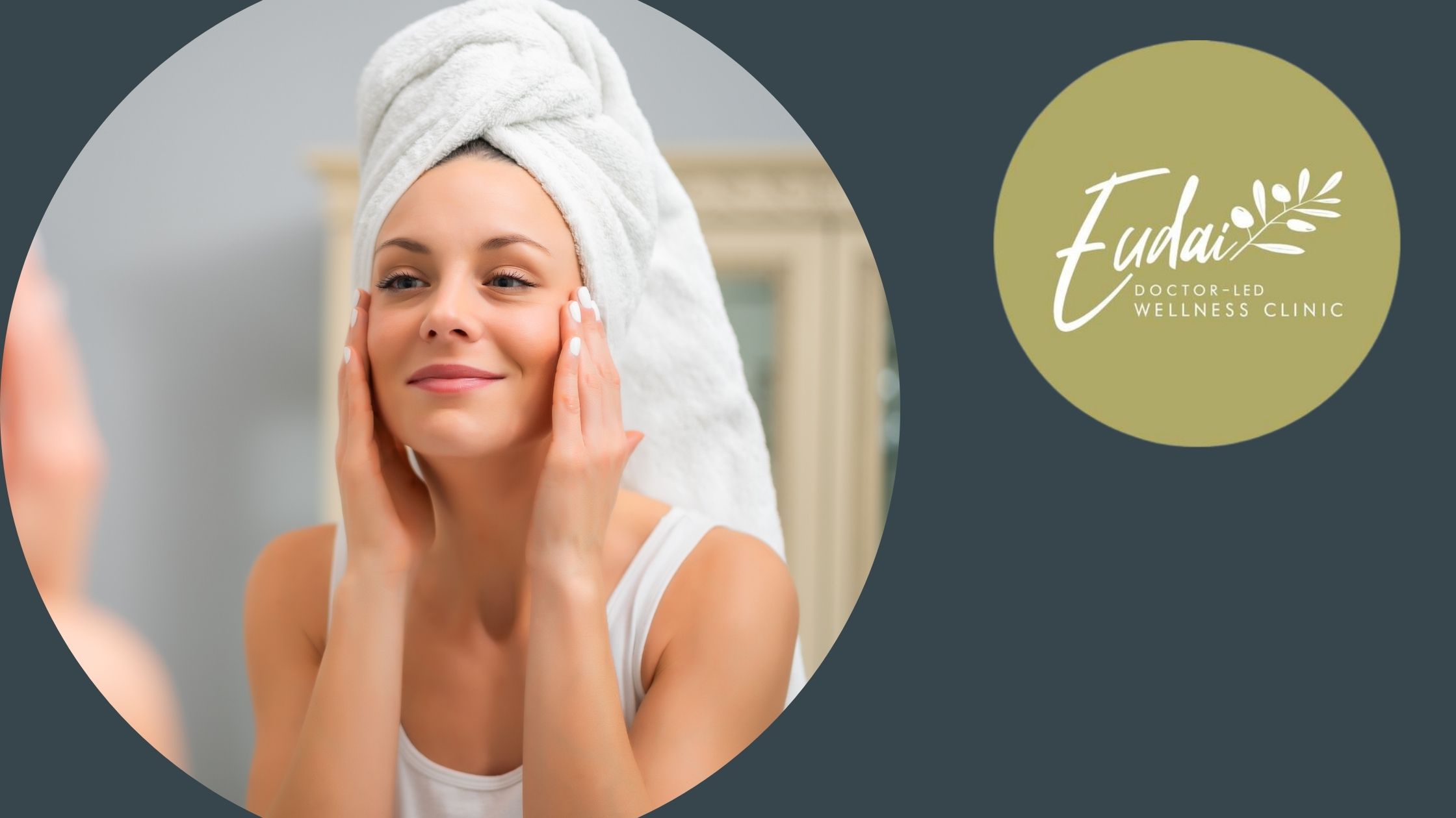 A young woman with a towel wrapped around her hair gently touches her face, looking at her reflection with satisfaction, representing the skincare services of Eudai Wellness Clinic.