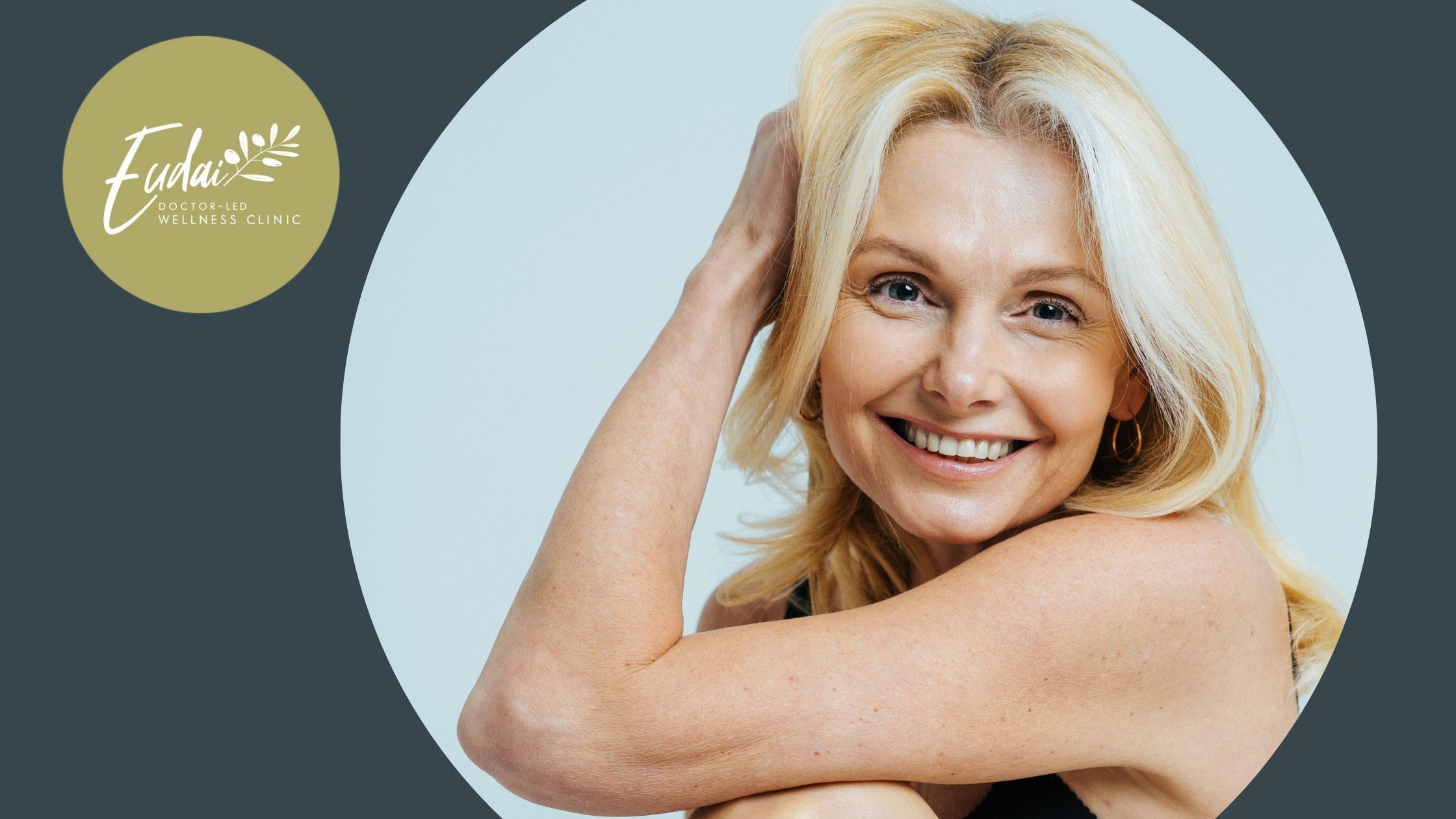 Smiling blonde woman with vibrant, healthy skin, representing the successful results of skincare treatments from Eudai Wellness Clinic.