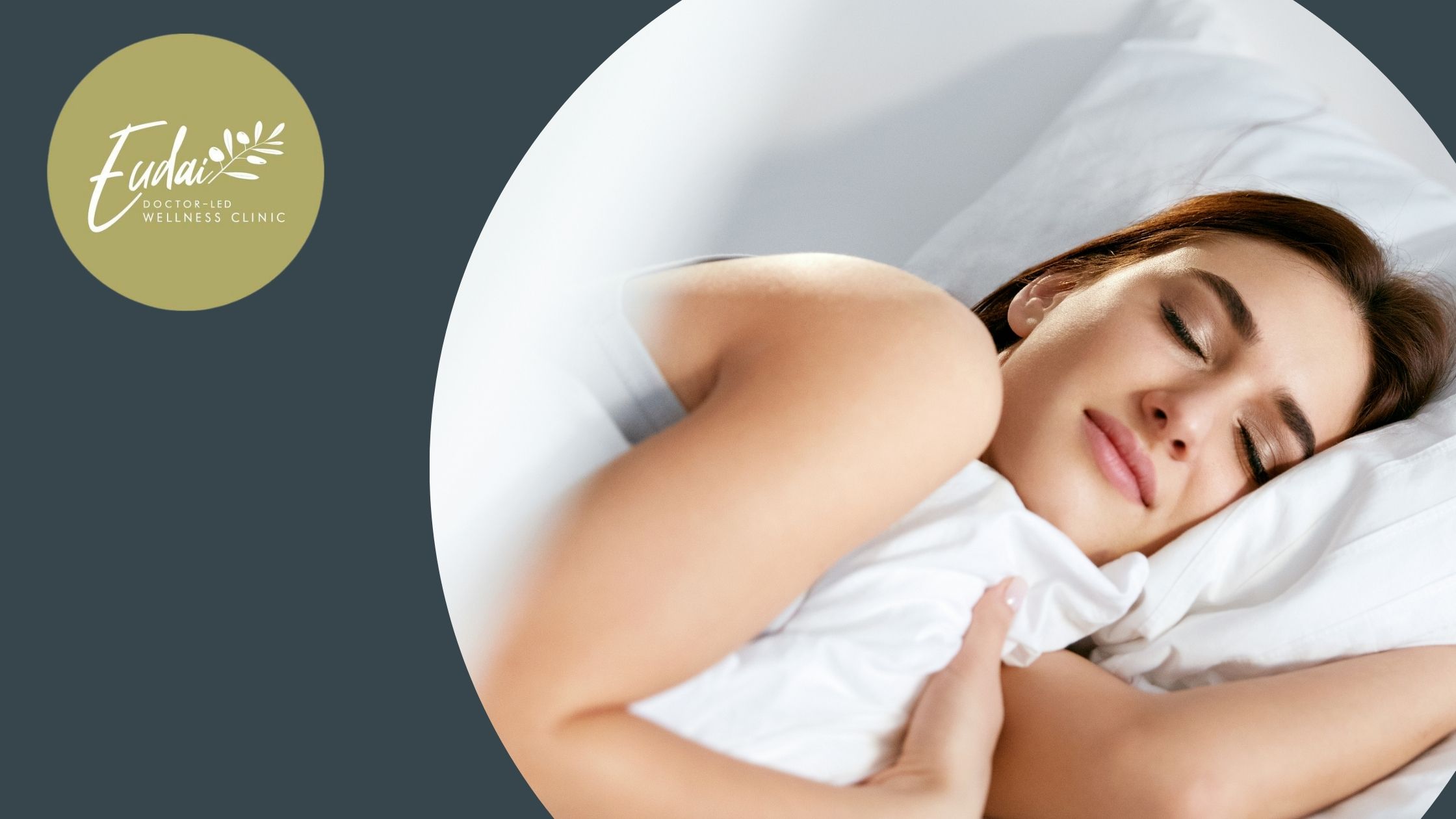 Eudai Clinic logo alongside a peaceful woman sleeping on a white pillow with a relaxed expression.